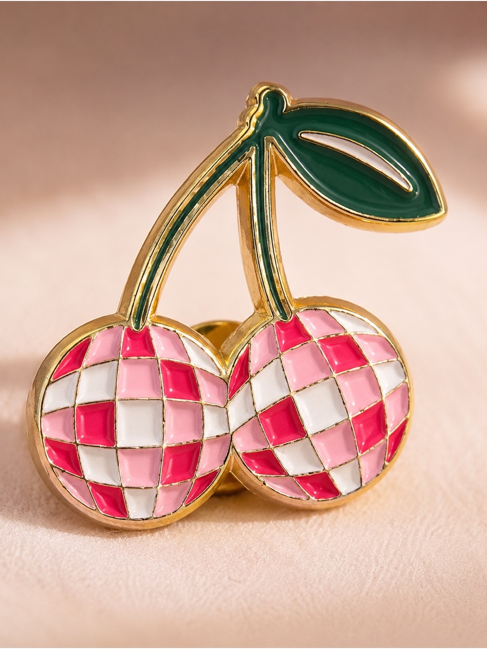 Pink Checkered Cherry Enamel Brooch Pin - Picture 4 of 4
